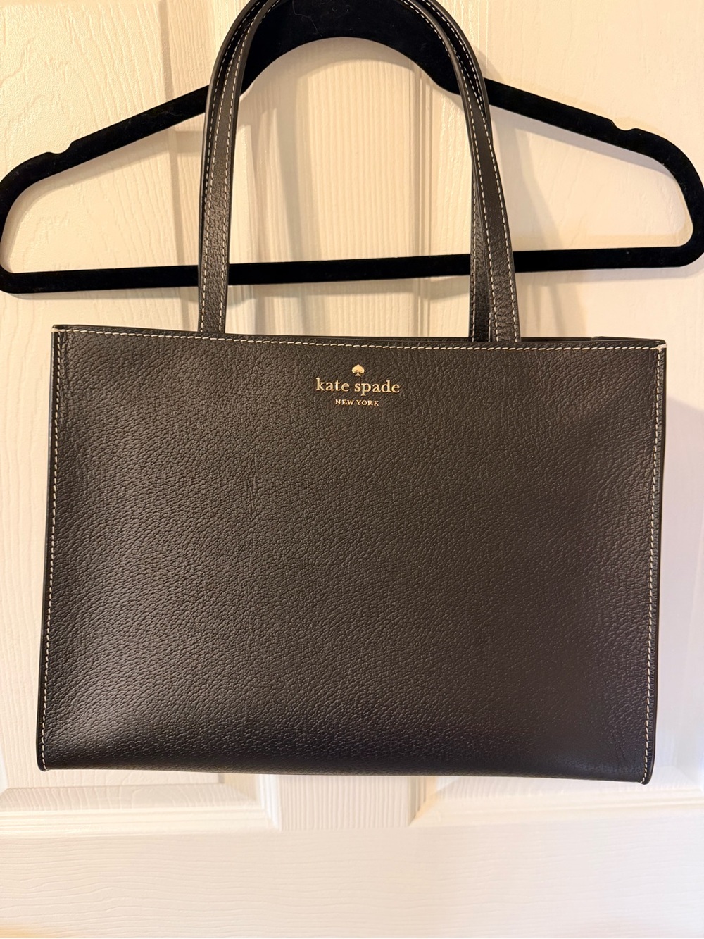 Kate Spade Black Leather Tote with White Topstitching and Gold Logo